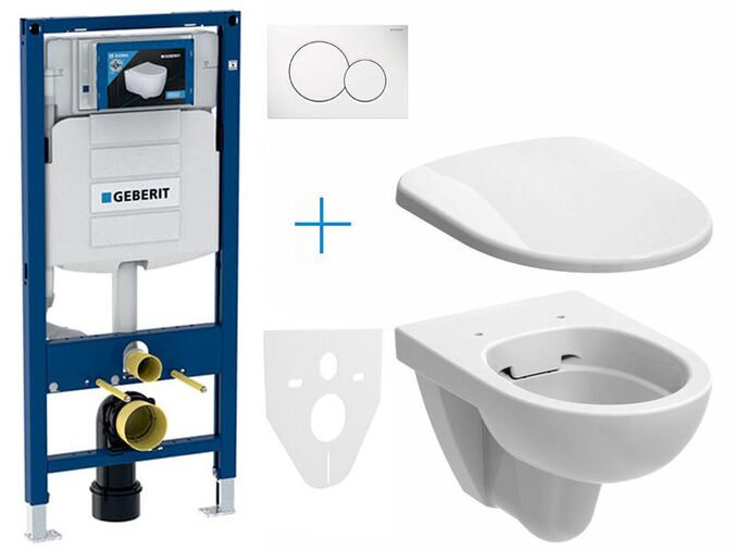 Geberit Duofix - sada pro závěsné WC 111.300.00.5 IQ1 + klozet a sedátko se softclose Geberit Selnova + tlačítko Sigma01, alpská bílá