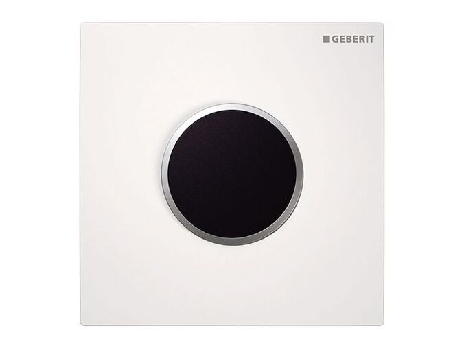 Geberit Typ 10 ovládání splachování pisoárů s elektronickým ovládáním, napájení ze sítě, krycí deska bílá, kroužek chrom lesk