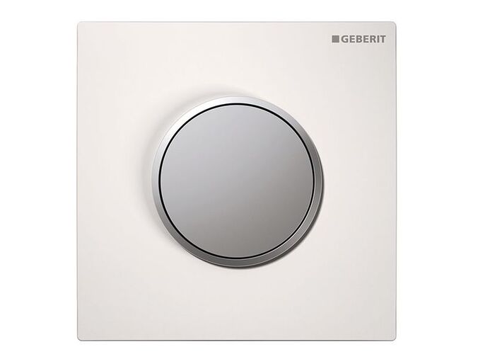 Geberit Typ 10 ovládání splachování pisoárů s pneumatickým ovládáním, deska a tlačítko bílá, kroužek chrom mat