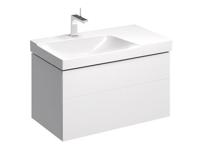 Geberit Xeno² skříňka pod umyvadlo s odkládací plochou, se dvěma zásuvkami 88x46,2x53 cm, výřez vlevo, lakovaná s vysokým leskem, bílá