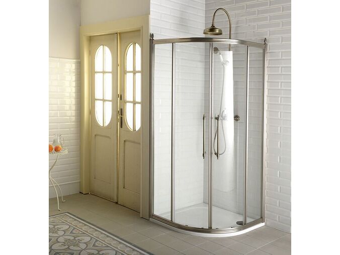 Gelco ANTIQUE čtvrtkruh. zástěna 900x900, posuvné dveře dvoukřídlé, ČIRÉ sklo, bronz