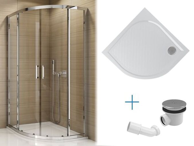 Koupelnový set SanSwiss - čtvrtkruhový sprchový kout TOPR 90x90x190 cm aluchrom/sklo čiré + sprchová vanička Marblemate 90x90 cm, bílá + sifon SIWM