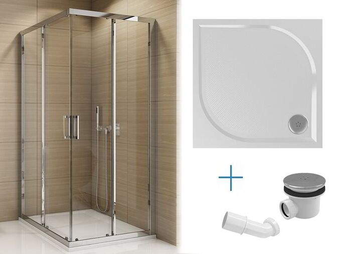 Koupelnový set SanSwiss - rohový sprchový kout TOPAC 80x80x190 cm, aluchrom/sklo Durlux + sprchová vanička Marblemate 80x80 cm, bílá + sifon SIWM