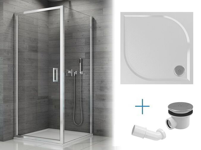Koupelnový set SanSwiss - rohový sprchový kout TOPP 90x90x190 cm, aluchrom/sklo čiré + sprchová vanička Marblemate 90x90 cm, bílá + sifon SIWM