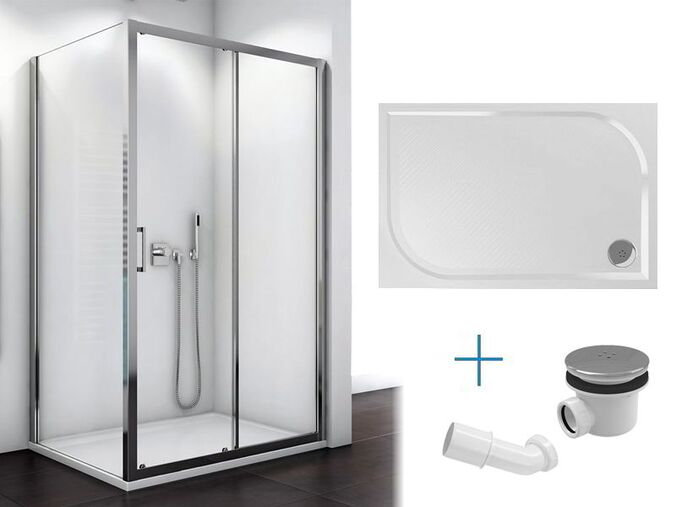 Koupelnový set SanSwiss - rohový sprchový kout TOPS2 80x120x190 cm, aluchrom/sklo čiré + sprchová vanička Marblemate 80x120 cm, bílá + sifon SIWM