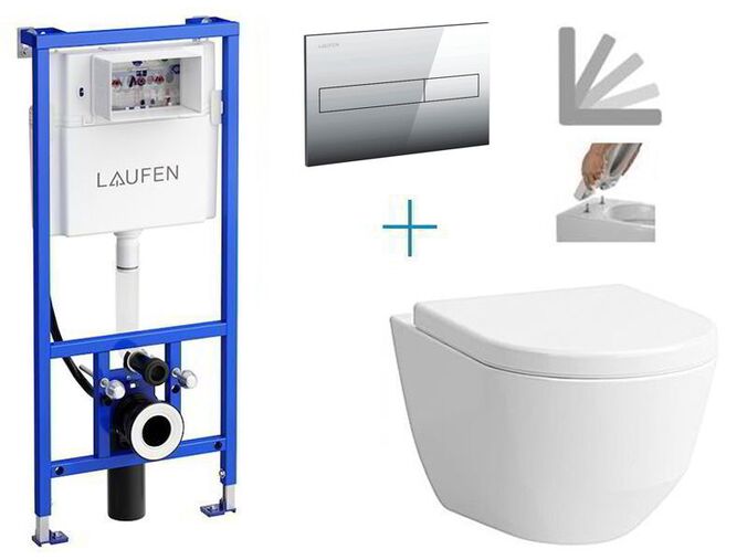 Laufen Navia- sada pro závěsné WC H8946660000001G2 + Cleanet Navia rimless klozet s bidetovou sprškou, sedátkem a poklopem + tlačítko Dual Flush, lesklý chrom