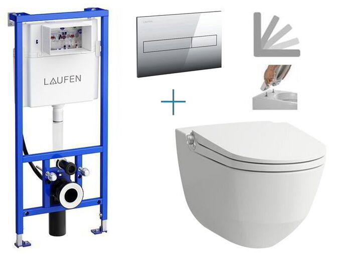 Laufen Riva - sada pro závěsné WC H8946660000001K2 + Cleanet Riva rimless klozet s bidetovou sprškou, sedátkem a poklopem + tlačítko Dual Flush, lesklý chrom