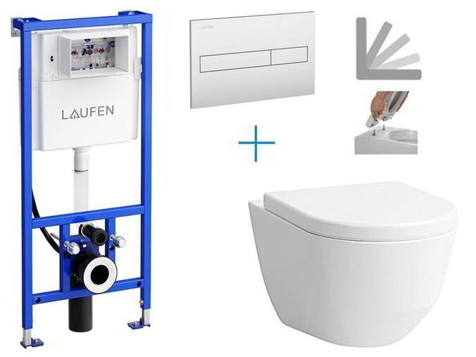 Laufen Navia- sada pro závěsné WC H8946660000001G3 + Cleanet Navia rimless klozet s bidetovou sprškou, sedátkem a poklopem + tlačítko Dual Flush, matný chrom