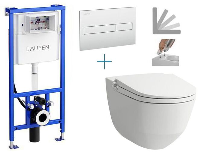 Laufen Riva - sada pro závěsné WC H8946660000001K3 + Cleanet Riva rimless klozet s bidetovou sprškou, sedátkem a poklopem + tlačítko Dual Flush, matný chrom
