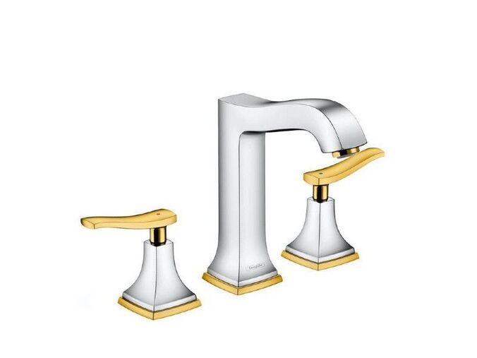 Hansgrohe Metropol Classic Tříotvorová umyvadlová baterie 160 s páčkovou rukojetí, s odtokovou soupravou s táhlem, chrom/vzhled zlata