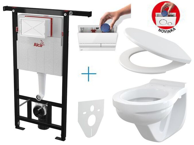 Alcaplast Jádromodul - sada pro závěsné WC AM102/1120 + klozet Alca a sedátko A60 + ovládací tlačítko M1710, bílá + dávkovač tablet ZDARMA