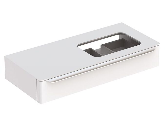 Geberit myDay skříňka pod umyvadlo na desku, se zásuvkou 115x54,5x20 cm, výřez vpravo, lakované s vysokým leskem, bílá