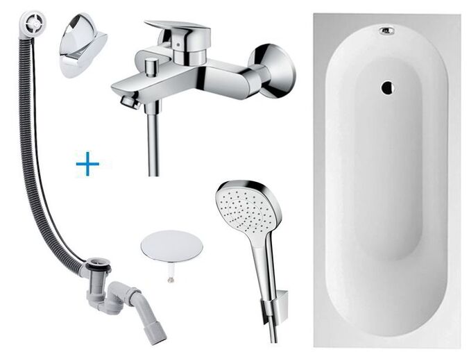 Villeroy & Boch + Hansgrohe Koupelnový set – Villeroy & Boch Oberon obdélníková vana 180x80 cm, bílá + Hansgrohe Logis vanová baterie + sprchová souprava 1jet + odpadová a přepadová souprava