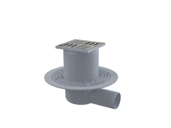 Alcadrain Podlahová vpust 105x105/50mm boční, mřížka, nerez, vodní zápachová uzávěra