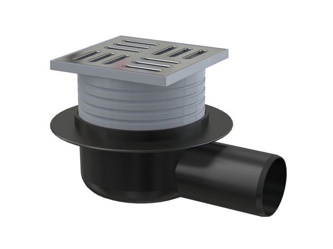 Alcadrain Podlahová vpust 105x105/50mm boční, mřížka, nerez, vodní zápachová uzávěra