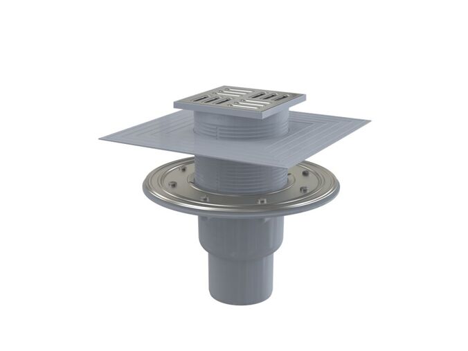 Alcadrain SMART Podlahová vpust 105x105/50/75mm přímá, mřížka nerez, nerezová příruba a límec 2. úrovně izolace, kombinovaná zápachová uzávěra