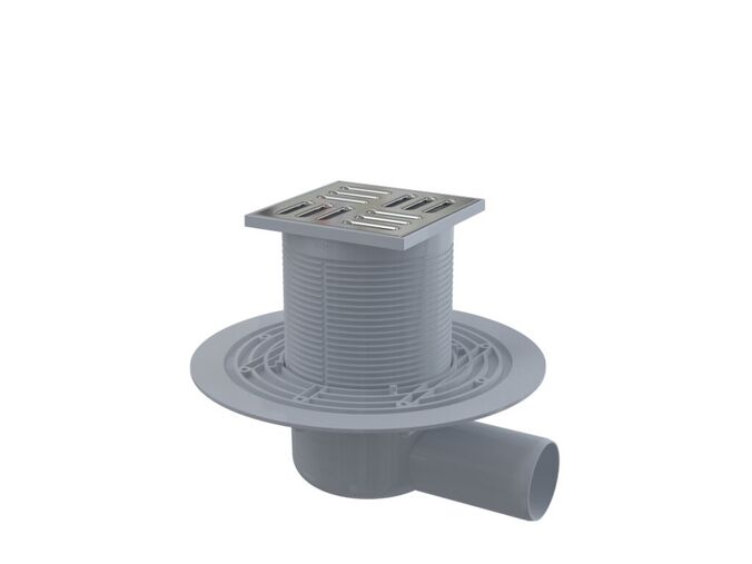 Alcadrain Podlahová vpust 105x105/50mm boční, mřížka, nerez, vodní zápachová uzávěra