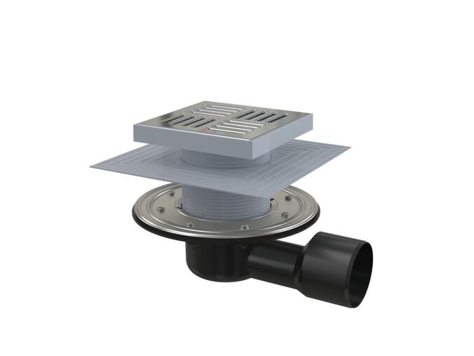 Alcadrain Podlahová vpust 150x150/50/75mm boční, mřížka, nerez, nerezová příruba a límec 2. úrovně izolace, vodní a suchá zápachová uzávěra