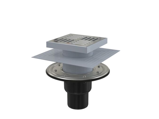 Alcadrain Podlahová vpust 150x150/50/75mm přímá, mřížka, nerez, nerezová příruba a límec 2. úrovně izolace, vodní a suchá zápachová uzávěra