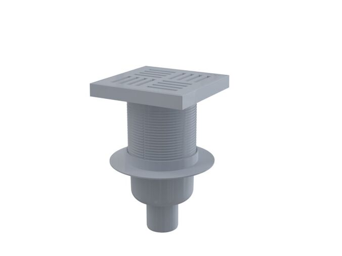 Alcadrain Podlahová vpust 150x150/50mm přímá, mřížka šedá, vodní zápachová uzávěra
