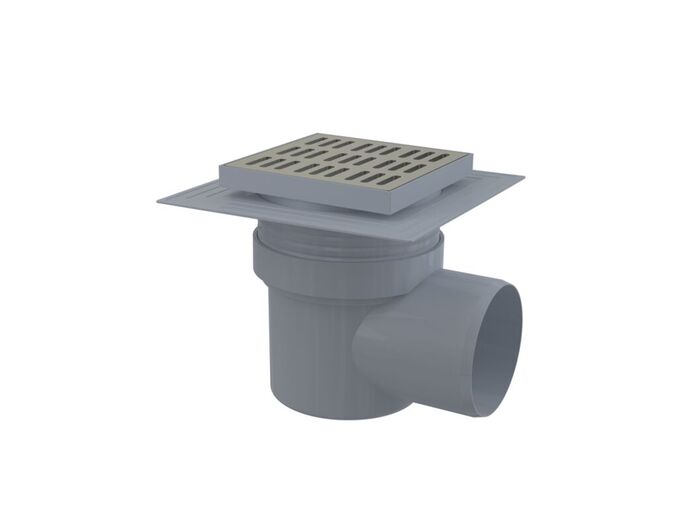 Alcadrain Podlahová vpust 150x150/110mm boční, mřížka, nerez, límec 2. úrovně izolace, vodní zápachová uzávěra