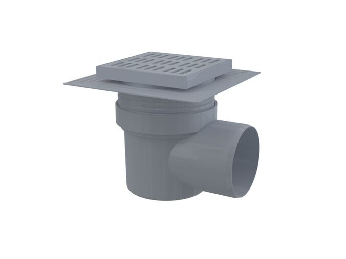 Alcadrain Podlahová vpust 150x150/110mm boční, mřížka šedá, límec 2. úrovně izolace, vodní zápachová uzávěra