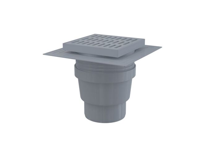 Alcadrain Podlahová vpust 150x150/110mm přímá, mřížka šedá, límec 2. úrovně izolace, vodní zápachová uzávěra