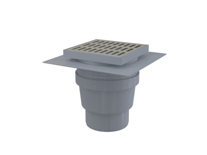 Alcadrain Podlahová vpust 150x150/110mm přímá, mřížka, nerez, límec 2. úrovně izolace, vodní zápachová uzávěra