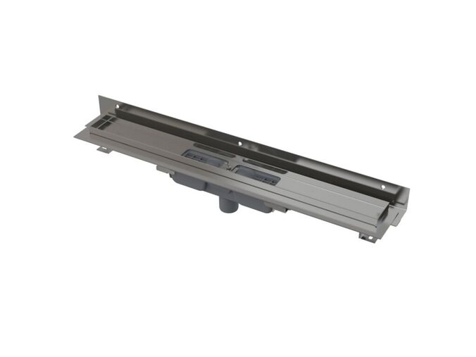 Alcadrain FLEXIBLE LOW Podlahový žlab 750mm s okrajem pro perforovaný rošt s nastavitelným límcem ke stěně, svislý odtok