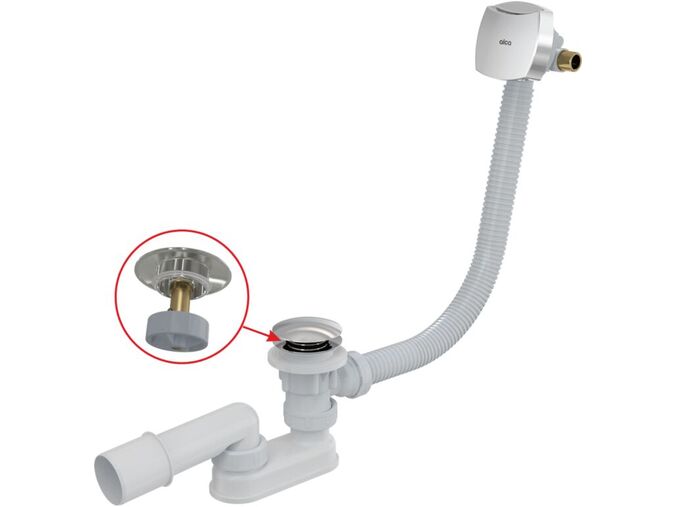 Alcadrain Sifon vanový s napouštěním přepadem pro silnostěnné vany 57 cm, click/clack, kov, chrom