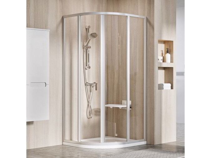 Ravak Supernova čtvrtkruhový sprchový kout SKCP4, 87,5-89,5x87,5-89,5x185 cm, satin, dekor transparent
