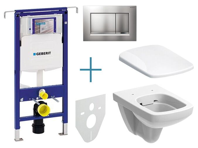 Geberit Duofix Special - sada pro závěsné WC 111.355.00.5 JX + rimfree klozet a sedátko Geberit Selnova Square + tlačítko Sigma30, lakovaný chrom mat easy-to-clean/chrom lesk