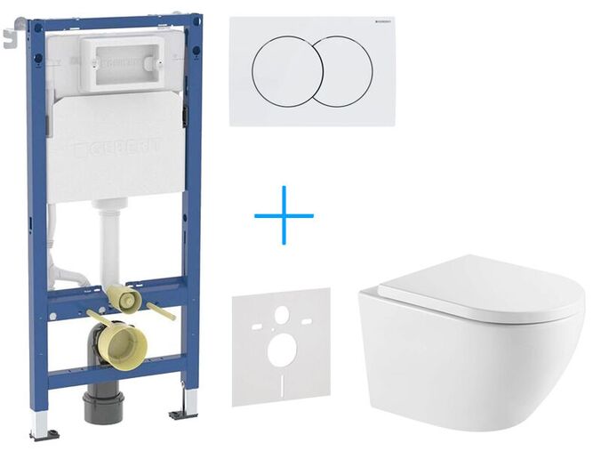 Geberit + kielle Set předstěnové instalace Duofix Delta + vortex rimless klozet a sedátko se SoftClose kielle Oudee + tlačítko Delta01, bílá