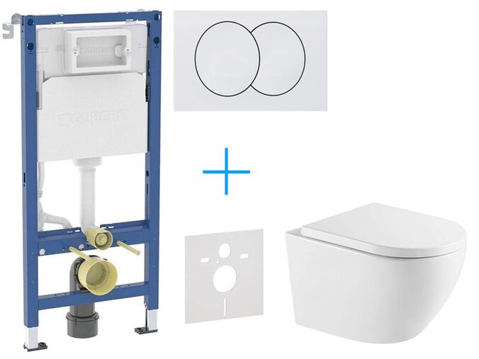 Geberit + kielle Set předstěnové instalace Duofix Delta + vortex rimless klozet a sedátko se SoftClose kielle Oudee + tlačítko Delta Zero, bílá