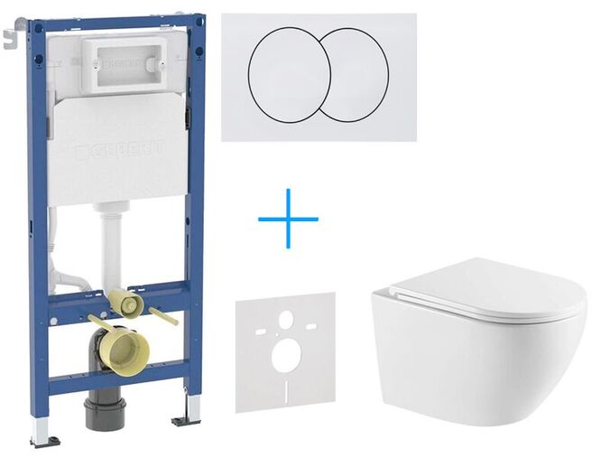 Geberit + kielle Set předstěnové instalace Duofix Delta + vortex rimless+ klozet a sedátko se SoftClose kielle Oudee + tlačítko Delta Zero, bílá