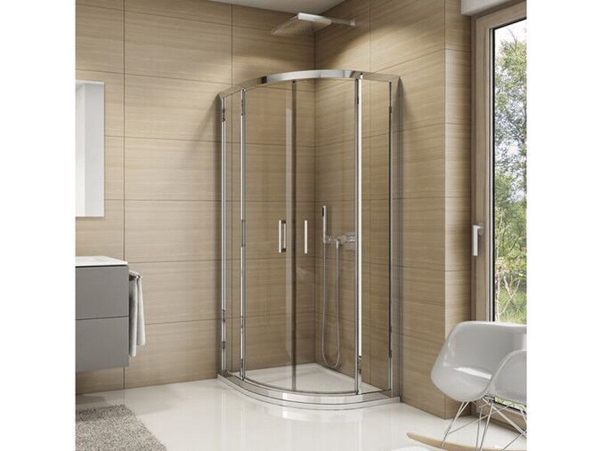 RONAL Top-line sprchový kout čtvrtkruhový s dvoukřídlými dveřmi, šířka 75-90 cm, R55, aluchrom, Durlux  sklo