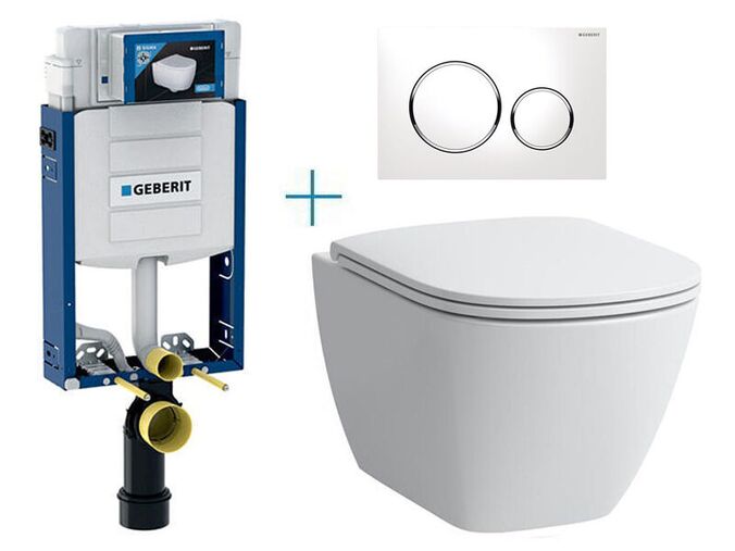 Geberit + Laufen Set předstěnové instalace Kombifix + rimless klozet a sedátko se SoftClose Laufen Lua + tlačítko Sigma20 Round, bílá/chrom lesk