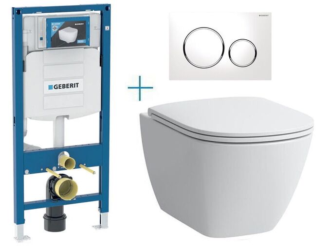Geberit + Laufen Set předstěnové instalace Duofix + rimless klozet a sedátko se SoftClose Laufen Lua + tlačítko Sigma20 Round, bílá/chrom lesk