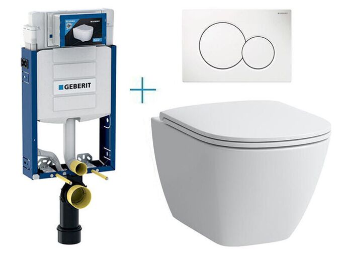 Geberit + Laufen Set předstěnové instalace Kombifix + rimless klozet a sedátko se SoftClose Laufen Lua + tlačítko Sigma01 Round, bílá