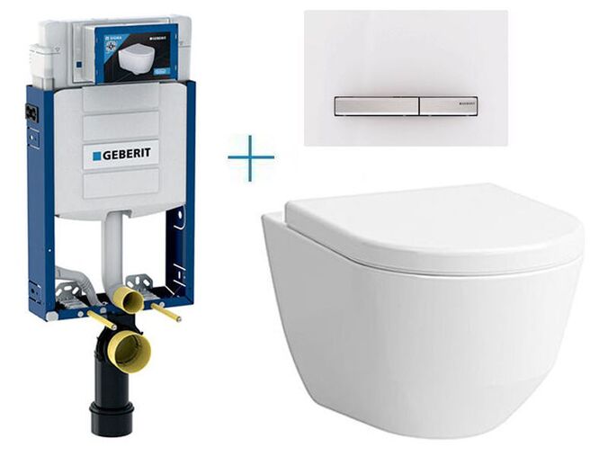 Geberit + Laufen Sada pro závěsné WC 110.302.00.5 BY + rimless klozet a sedátko Laufen Pro + tlačítko Sigma50, alpská bílá/hliník kartáčovaný