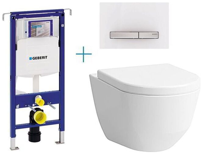 Geberit Duofix Special - sada pro závěsné WC 111.355.00.5 BY + rimless klozet a sedátko Laufen Pro + tlačítko Sigma50, alpská bílá/hliník kartáčovaný