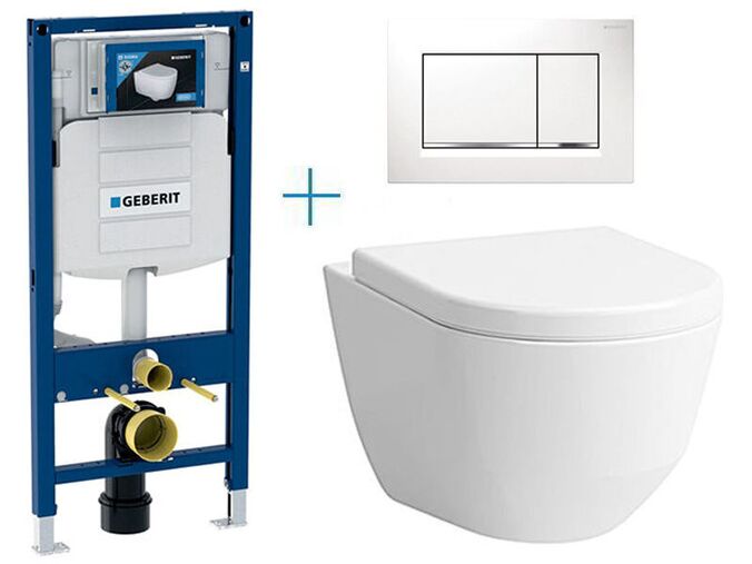 Geberit Duofix - sada pro závěsné WC 111.300.00.5 BY + rimless klozet a sedátko Laufen Pro + tlačítko Sigma30, bílá/chrom lesk/bílá