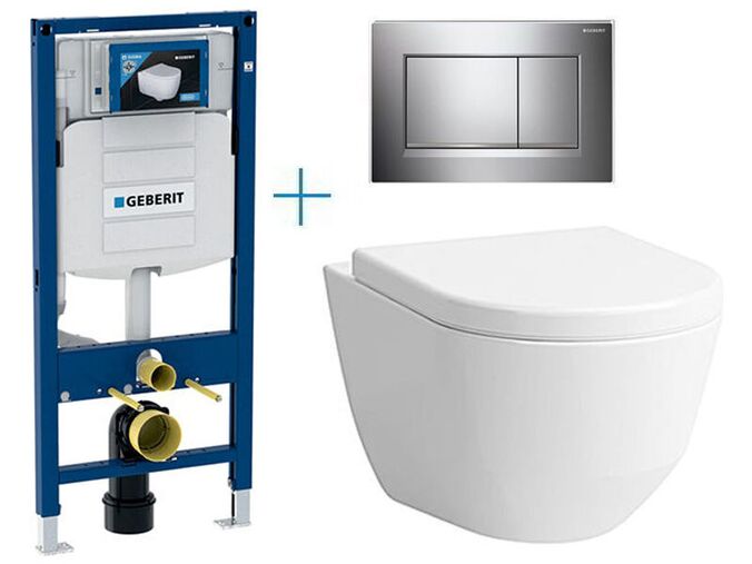 Geberit Duofix - sada pro závěsné WC 111.300.00.5 BY + rimless klozet a sedátko Laufen Pro + tlačítko Sigma30, chrom lesk/mat/lesk