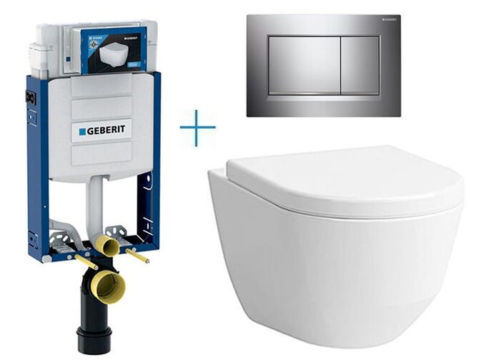 Geberit Kombifix Eco - sada pro závěsné WC 110.302.00.5 BY + rimless klozet a sedátko Laufen Pro + tlačítko Sigma30, chrom lesk/mat/lesk