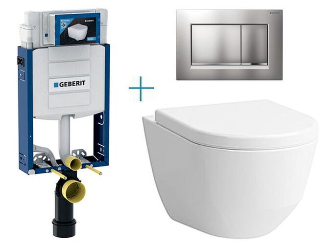 Geberit Kombifix Eco - sada pro závěsné WC 110.302.00.5 BY + rimless klozet a sedátko Laufen Pro + tlačítko Sigma30, lakovaný chrom mat easy-to-clean/chrom lesk