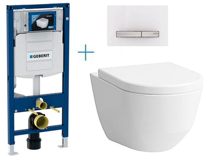 Geberit + Laufen Sada pro závěsné WC 111.300.00.5 BY + rimless klozet a sedátko Laufen Pro + tlačítko Sigma50, alpská bílá/hliník kartáčovaný