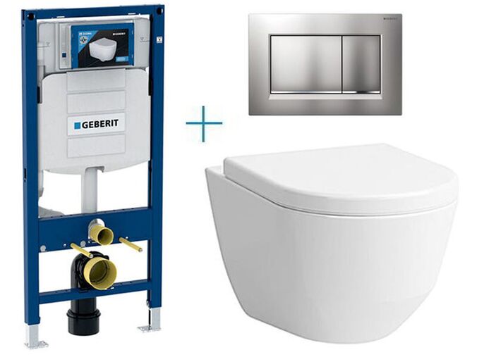 Geberit Duofix - sada pro závěsné WC 111.300.00.5 BY + rimless klozet a sedátko Laufen Pro + tlačítko Sigma30, lakovaný chrom mat easy-to-clean/chrom lesk