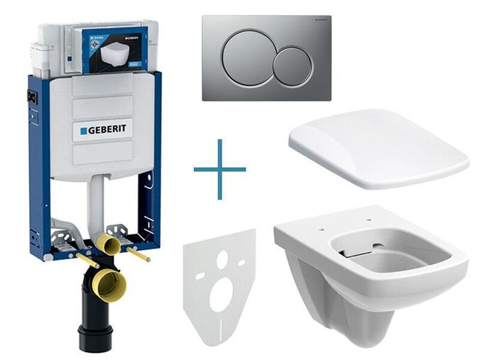 Geberit Kombifix - sada pro závěsné WC 110.302.00.5 JX + rimfree klozet a sedátko Selnova Square + tlačítko Sigma01, lakovaný chrom mat easy-to-clean