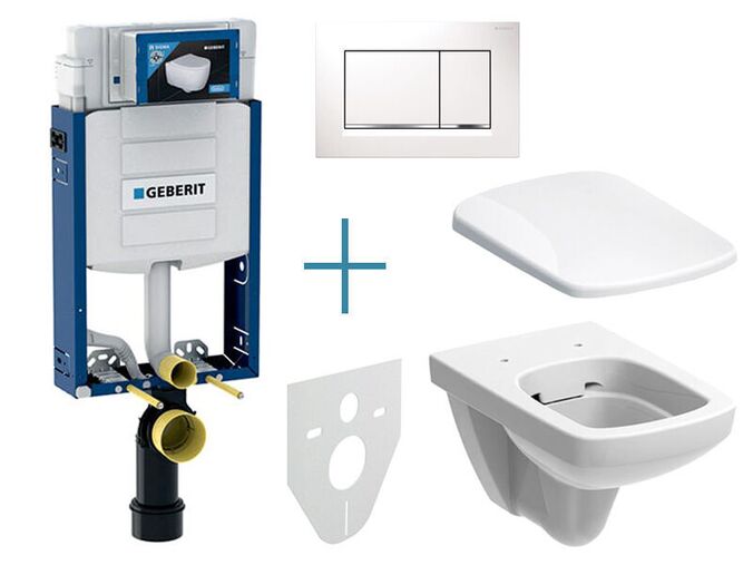 Geberit Kombifix - sada pro závěsné WC 110.302.00.5 JX + rimfree klozet a sedátko Geberit Selnova Square + tlačítko Sigma30, bílá/chrom lesk