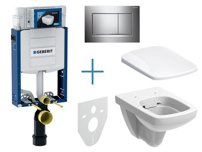 Geberit Kombifix - sada pro závěsné WC 110.302.00.5 JX + rimfree klozet a sedátko Geberit Selnova Square + tlačítko Sigma30, chrom lesk/mat/lesk
